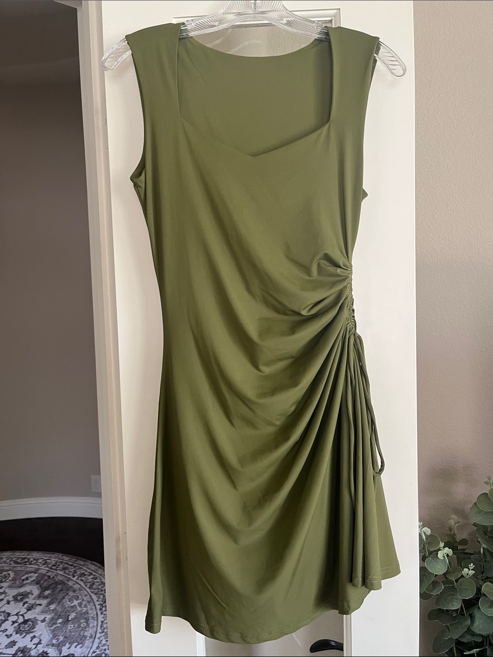 Sleeveless Dress, Small, Olive Green, Ruched Side, Stretchy, Double Lined
